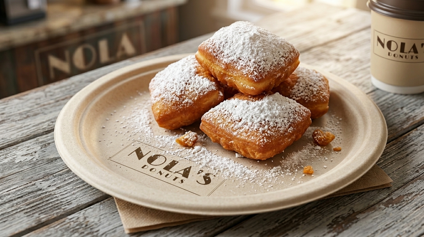 A plate of freshly fried beignets dusted with powdered sugar, branded Nola's Donuts